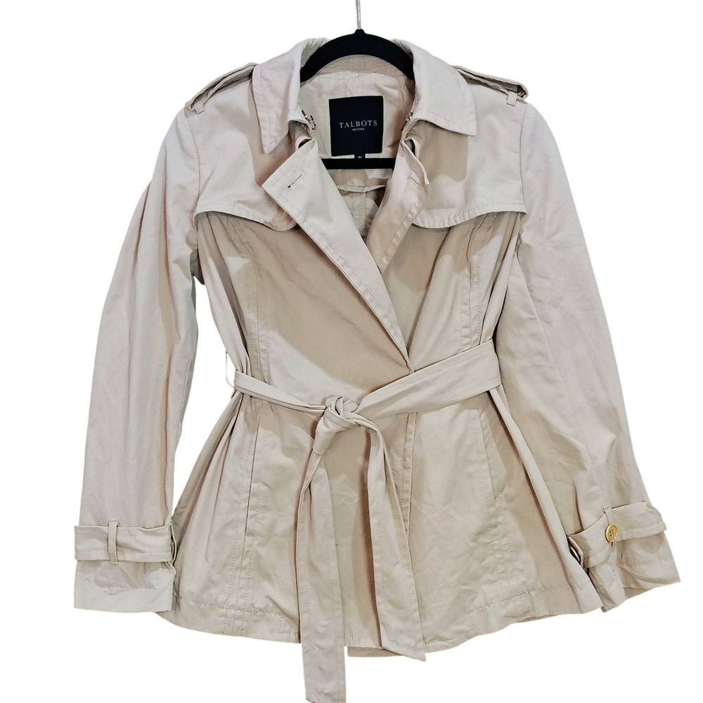 Talbots Trench Coat Women 4P Beige Belted Short Rain Resistant Classic Preppy